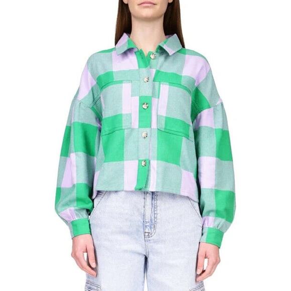 Sanctuary Plaid Button Top Womens XS Pine Check Pocket Detail Cotton Loose Crop - Picture 11 of 13